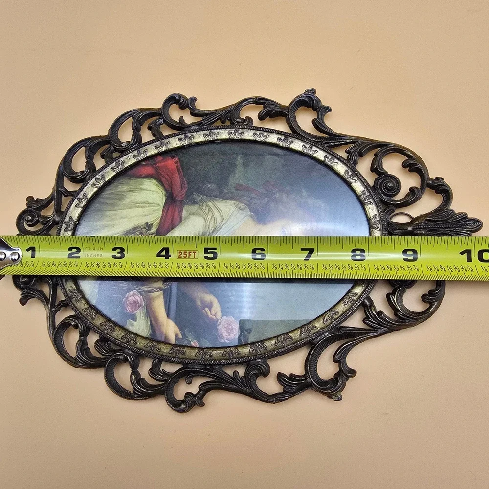 Vintage Made in Italy Ornate Metal Oval Frame Portrait Print Girl Flower Basket